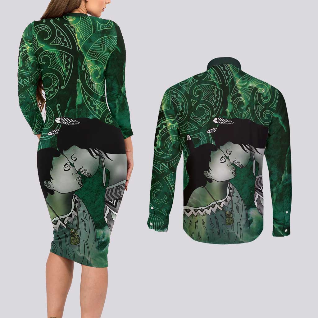 New Zealand Aroha Koe Mama Couples Matching Long Sleeve Bodycon Dress and Long Sleeve Button Shirt Maori Hongi - Pounamu