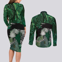 New Zealand Aroha Koe Mama Couples Matching Long Sleeve Bodycon Dress and Long Sleeve Button Shirt Maori Hongi - Pounamu
