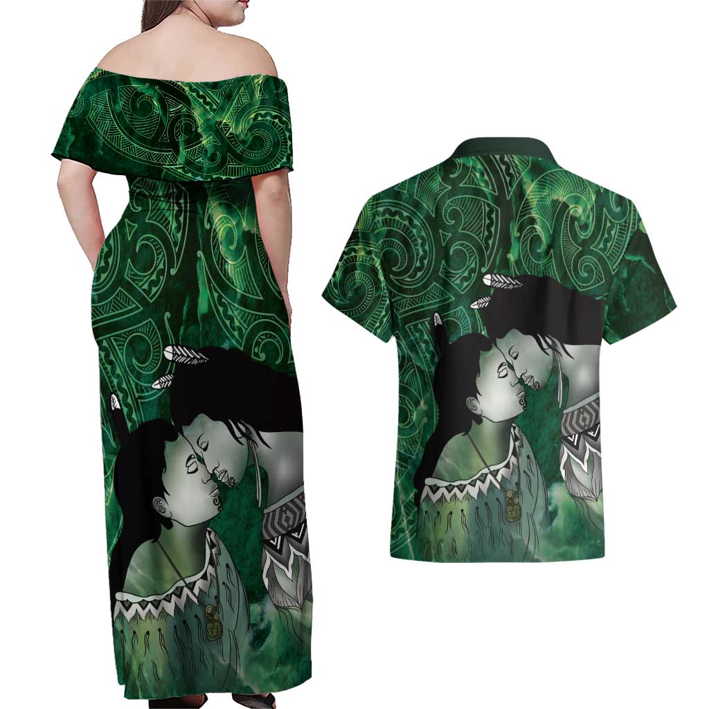 New Zealand Aroha Koe Mama Couples Matching Off Shoulder Maxi Dress and Hawaiian Shirt Maori Hongi - Pounamu