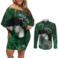 New Zealand Aroha Koe Mama Couples Matching Off Shoulder Short Dress and Long Sleeve Button Shirt Maori Hongi - Pounamu