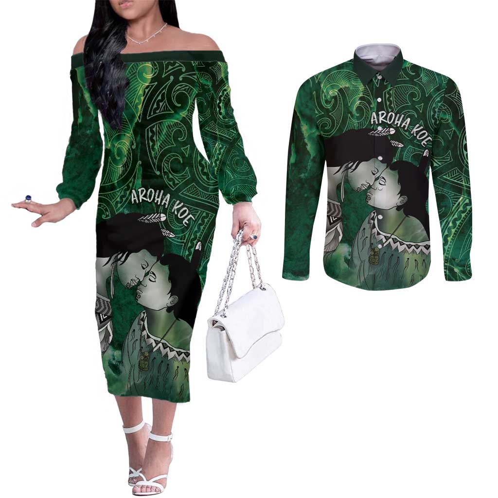New Zealand Aroha Koe Mama Couples Matching Off The Shoulder Long Sleeve Dress and Long Sleeve Button Shirt Maori Hongi - Pounamu