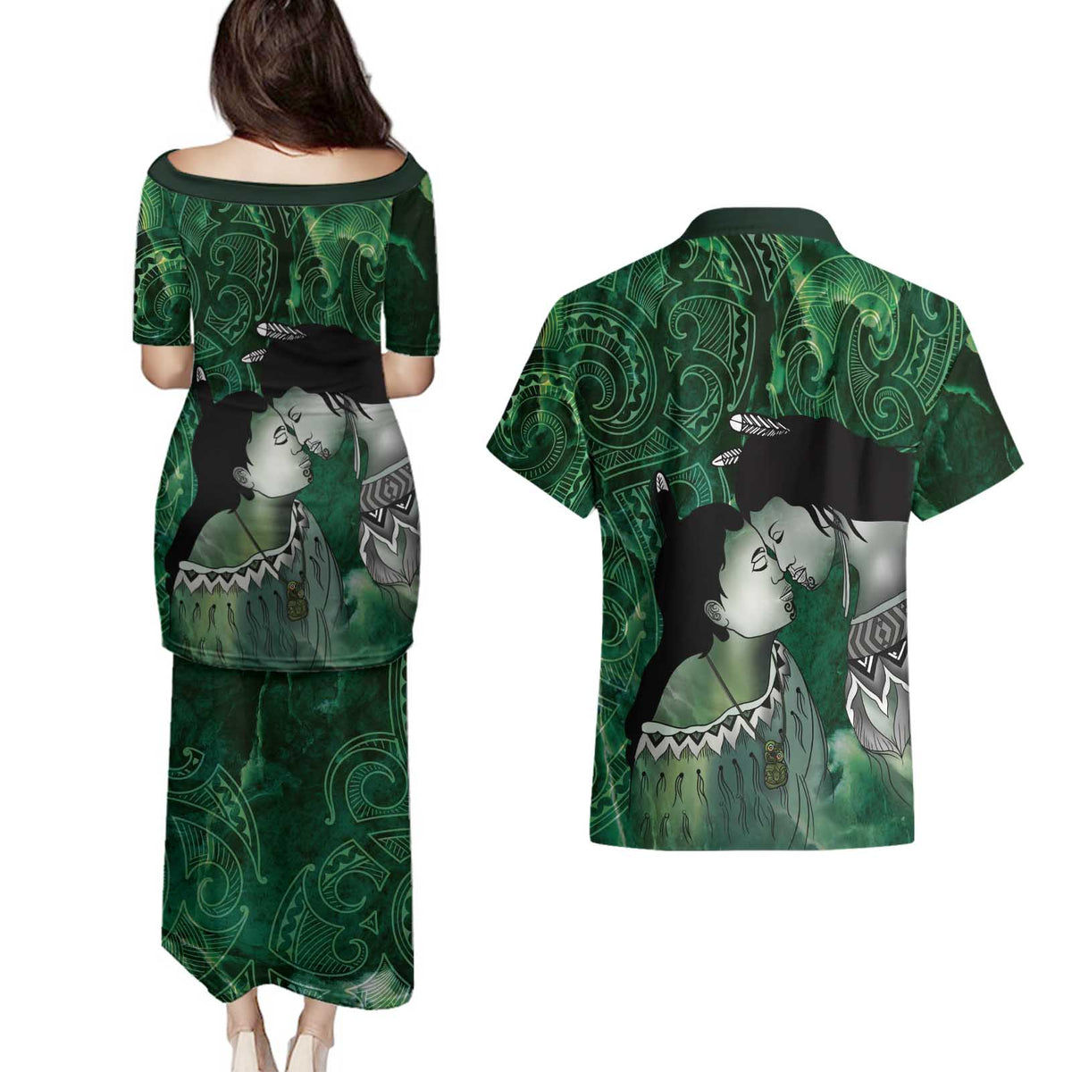 New Zealand Aroha Koe Mama Couples Matching Puletasi and Hawaiian Shirt Maori Hongi - Pounamu