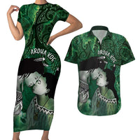 New Zealand Aroha Koe Mama Couples Matching Short Sleeve Bodycon Dress and Hawaiian Shirt Maori Hongi - Pounamu