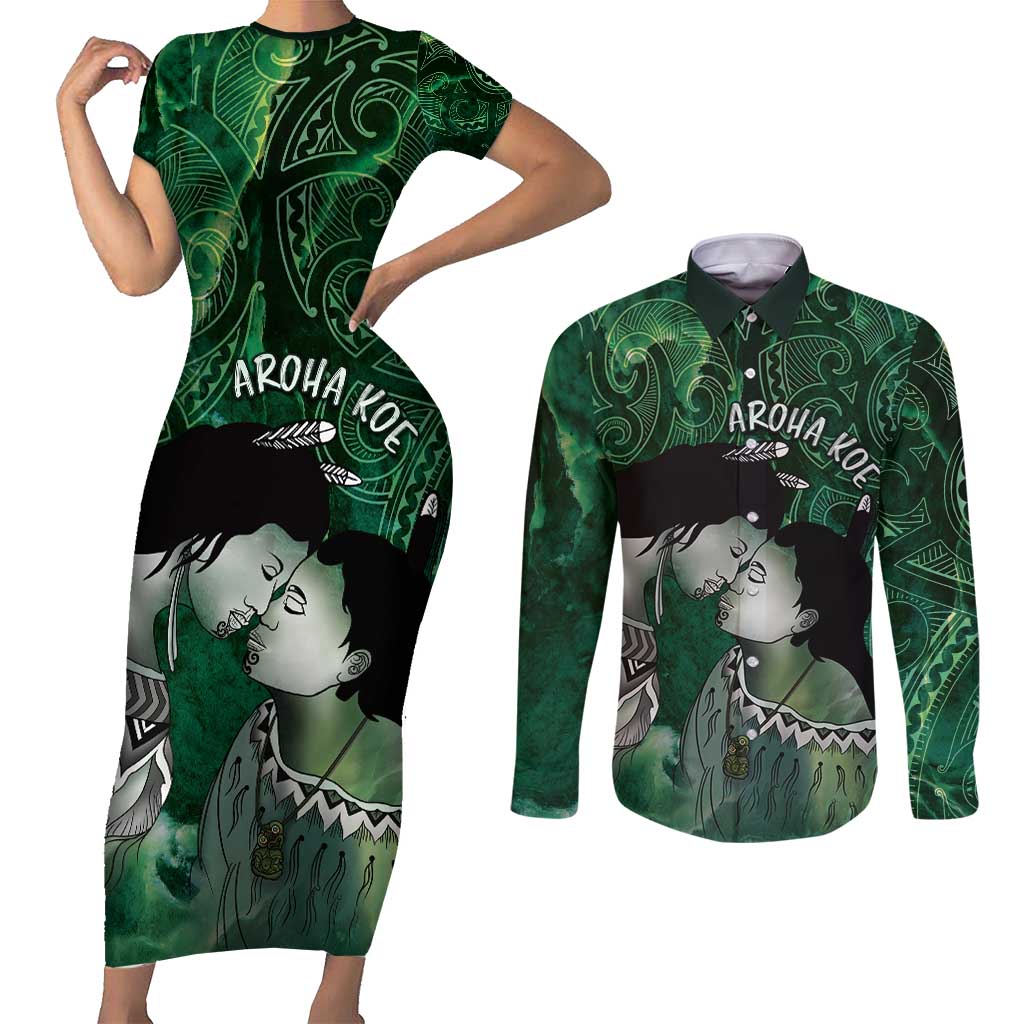 New Zealand Aroha Koe Mama Couples Matching Short Sleeve Bodycon Dress and Long Sleeve Button Shirt Maori Hongi - Pounamu