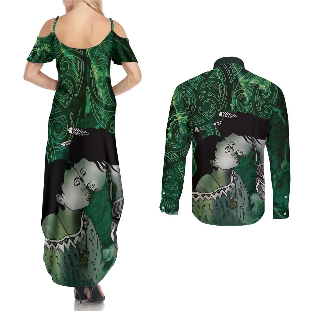 New Zealand Aroha Koe Mama Couples Matching Summer Maxi Dress and Long Sleeve Button Shirt Maori Hongi - Pounamu