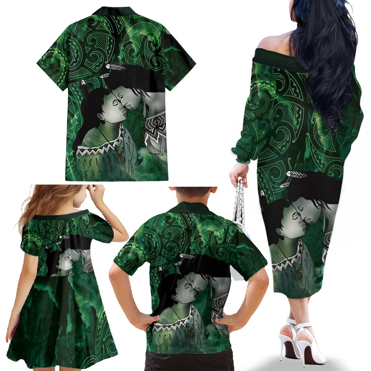 New Zealand Aroha Koe Mama Family Matching Off The Shoulder Long Sleeve Dress and Hawaiian Shirt Maori Hongi - Pounamu