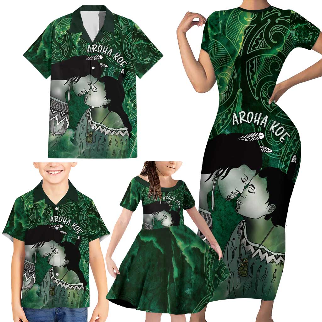 New Zealand Aroha Koe Mama Family Matching Short Sleeve Bodycon Dress and Hawaiian Shirt Maori Hongi - Pounamu