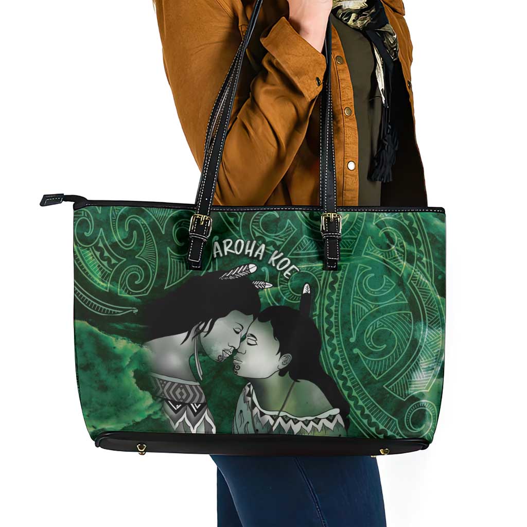 New Zealand Aroha Koe Mama Leather Tote Bag Maori Hongi - Pounamu