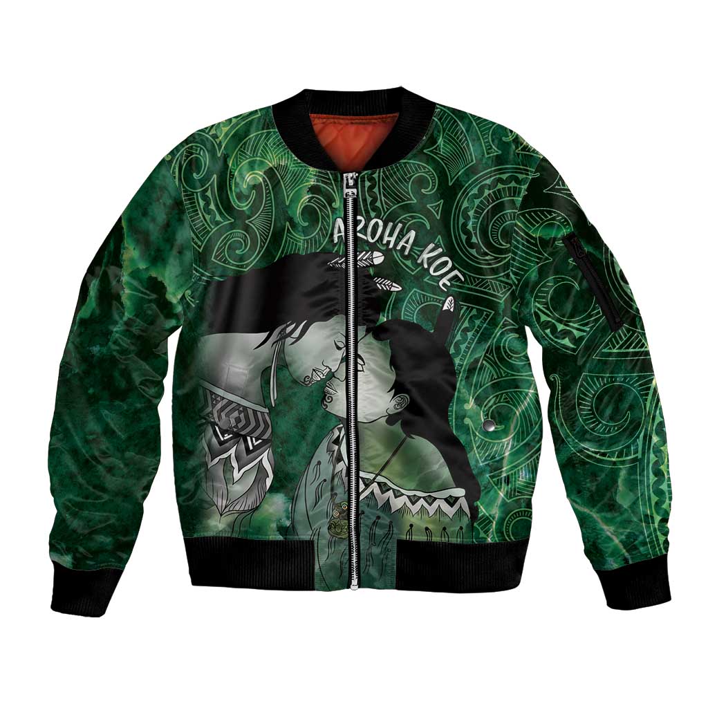 New Zealand Aroha Koe Mama Sleeve Zip Bomber Jacket Maori Hongi - Pounamu