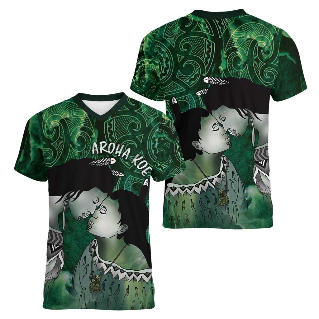 New Zealand Aroha Koe Mama Women V-Neck T-Shirt Maori Hongi - Pounamu