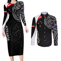 Personalised New Zealand Rugby Couples Matching Long Sleeve Bodycon Dress and Long Sleeve Button Shirts Aotearoa World Cup 2023 Champions LT7 Black - Polynesian Pride