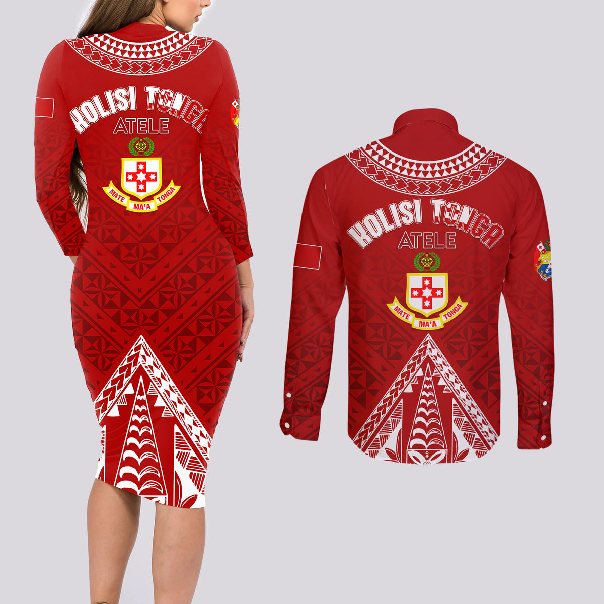 Personalised Kolisi Tonga Atele Couples Matching Long Sleeve Bodycon Dress and Long Sleeve Button Shirts Tongan Kupesi - Special LT7 - Polynesian Pride
