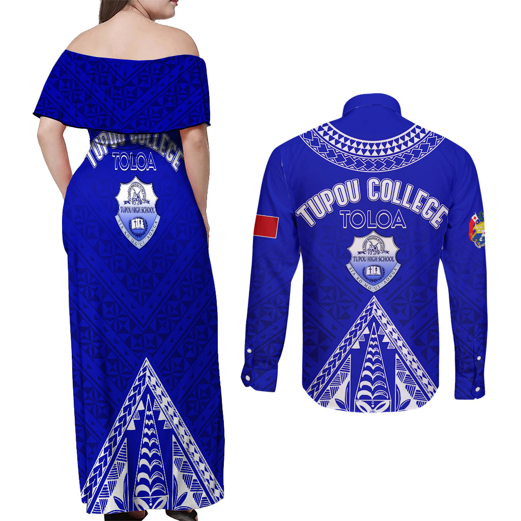 Personalised Tupou College Toloa Couples Matching Off Shoulder Maxi Dress and Long Sleeve Button Shirts Tongan Kupesi - Special LT7 - Polynesian Pride