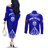 Personalised Tupou College Toloa Couples Matching Off The Shoulder Long Sleeve Dress and Long Sleeve Button Shirts Tongan Kupesi - Special LT7 - Polynesian Pride