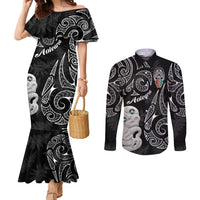 Kia Hara Te reo Maori Couples Matching Mermaid Dress and Long Sleeve Button Shirt Manaia Moko Pattern LT7 Black - Polynesian Pride