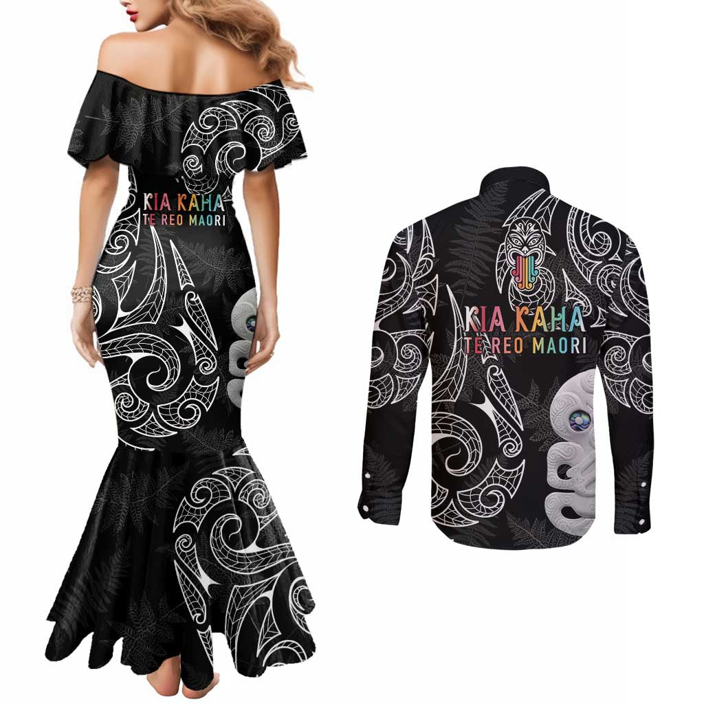 Kia Hara Te reo Maori Couples Matching Mermaid Dress and Long Sleeve Button Shirt Manaia Moko Pattern LT7 - Polynesian Pride