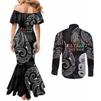 Kia Hara Te reo Maori Couples Matching Mermaid Dress and Long Sleeve Button Shirt Manaia Moko Pattern LT7 - Polynesian Pride