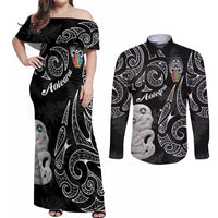 Kia Hara Te reo Maori Couples Matching Off Shoulder Maxi Dress and Long Sleeve Button Shirt Manaia Moko Pattern