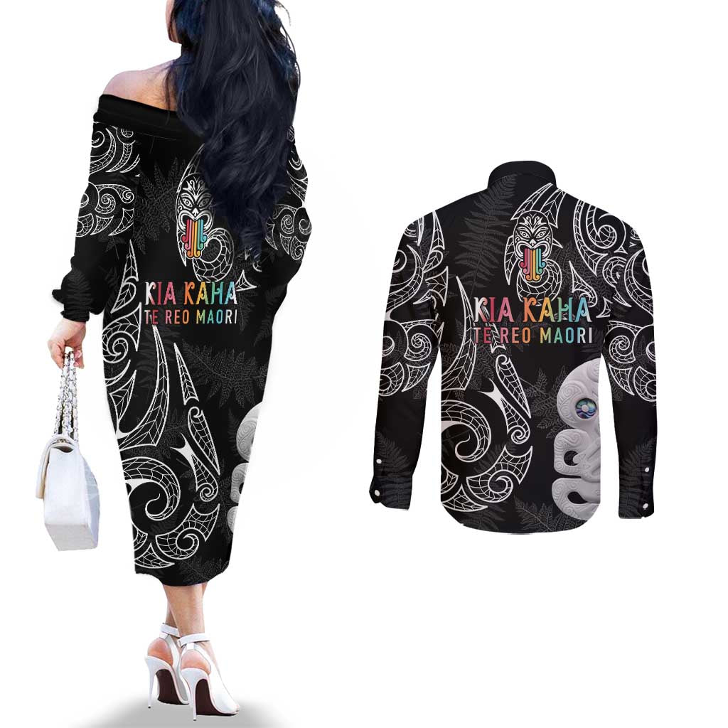 Kia Hara Te reo Maori Couples Matching Off The Shoulder Long Sleeve Dress and Long Sleeve Button Shirt Manaia Moko Pattern