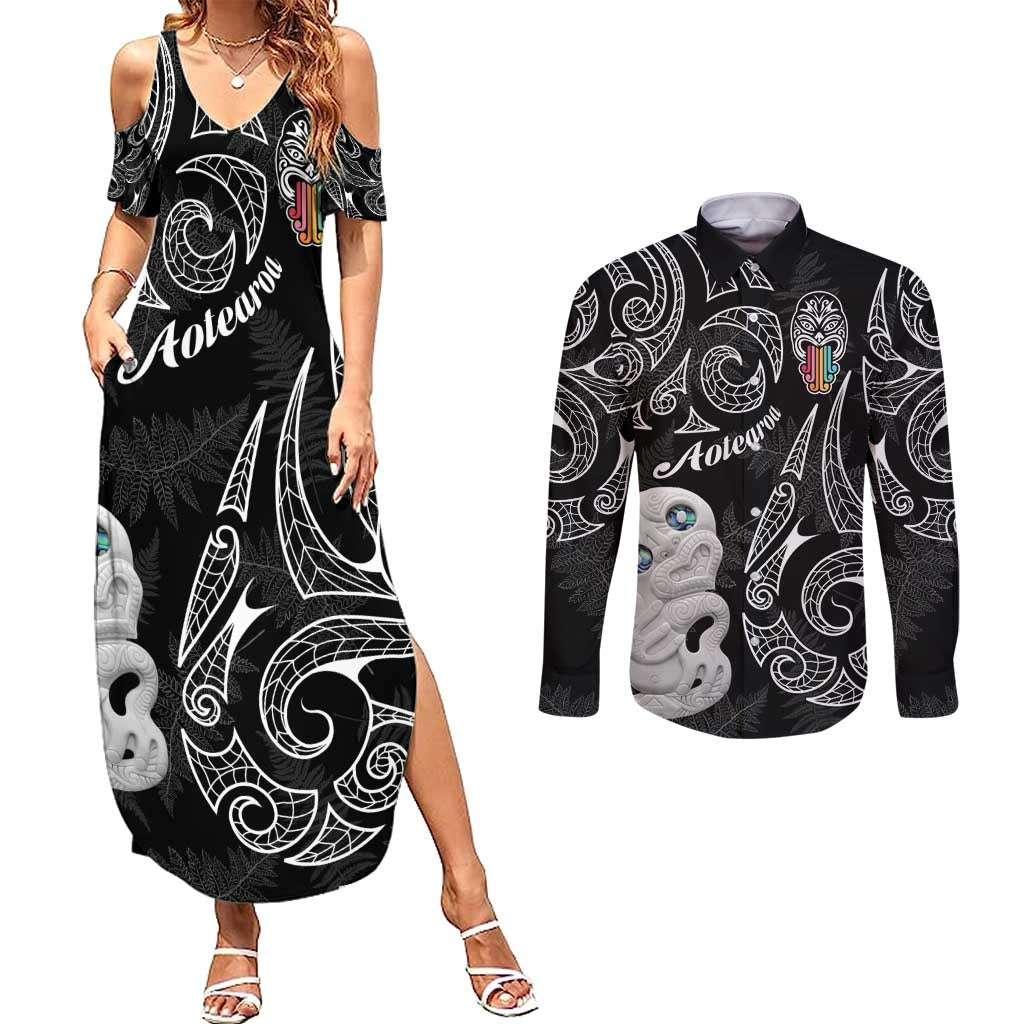 Kia Hara Te reo Maori Couples Matching Summer Maxi Dress and Long Sleeve Button Shirt Manaia Moko Pattern