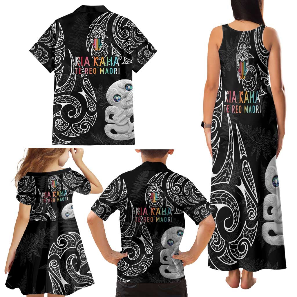 Kia Hara Te reo Maori Family Matching Tank Maxi Dress and Hawaiian Shirt Manaia Moko Pattern