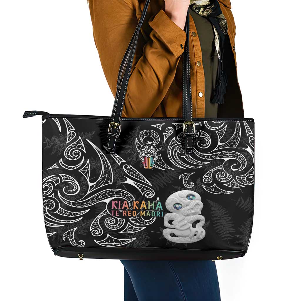 Kia Hara Te reo Maori Leather Tote Bag Manaia Moko Pattern