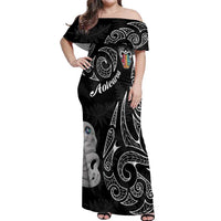 Kia Hara Te reo Maori Off Shoulder Maxi Dress Manaia Moko Pattern
