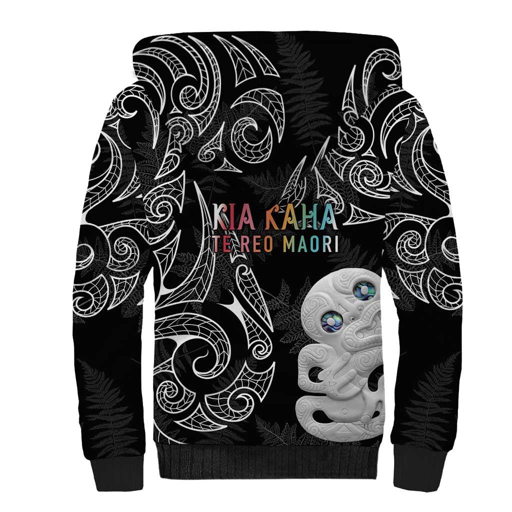 Kia Hara Te reo Maori Sherpa Hoodie Manaia Moko Pattern