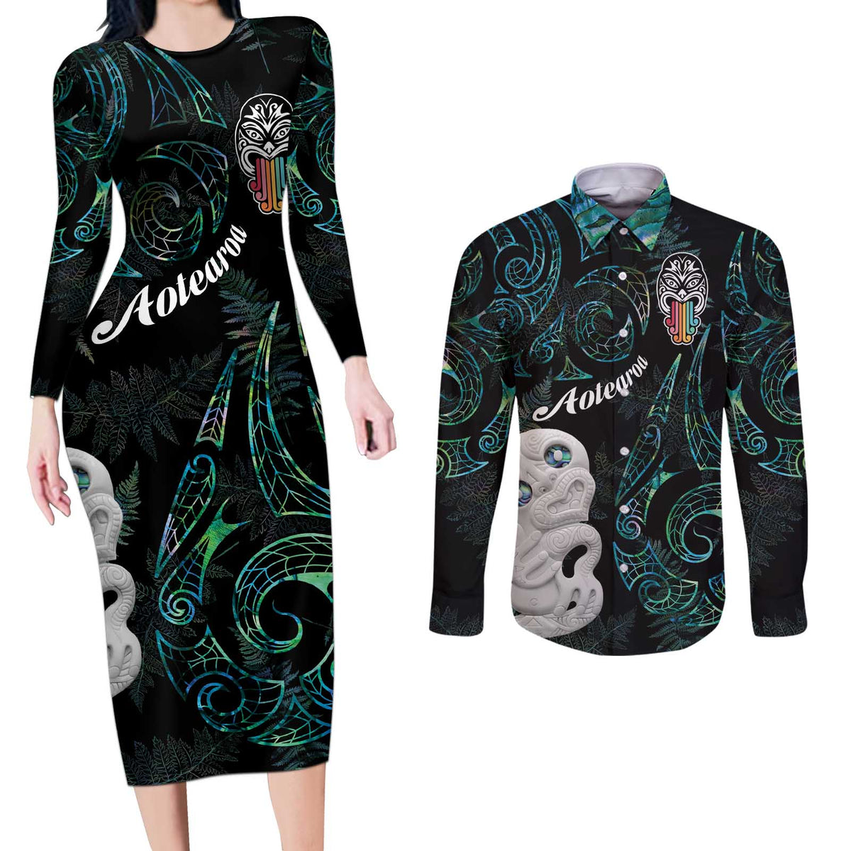 Kia Hara Te reo Maori Couples Matching Long Sleeve Bodycon Dress and Long Sleeve Button Shirt Manaia Moko Mix Paua Shell