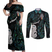 Kia Hara Te reo Maori Couples Matching Off Shoulder Maxi Dress and Long Sleeve Button Shirt Manaia Moko Mix Paua Shell