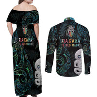Kia Hara Te reo Maori Couples Matching Off Shoulder Maxi Dress and Long Sleeve Button Shirt Manaia Moko Mix Paua Shell