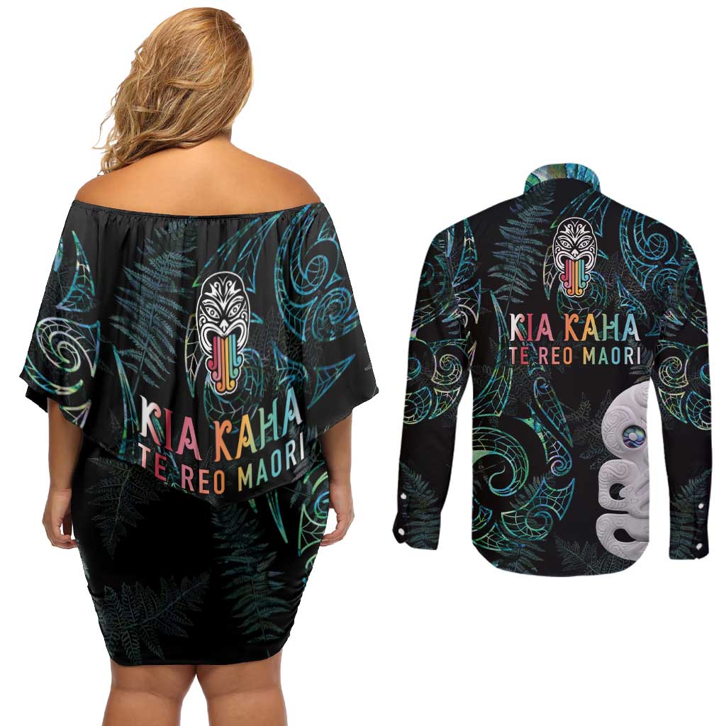 Kia Hara Te reo Maori Couples Matching Off Shoulder Short Dress and Long Sleeve Button Shirt Manaia Moko Mix Paua Shell