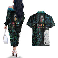 Kia Hara Te reo Maori Couples Matching Off The Shoulder Long Sleeve Dress and Hawaiian Shirt Manaia Moko Mix Paua Shell