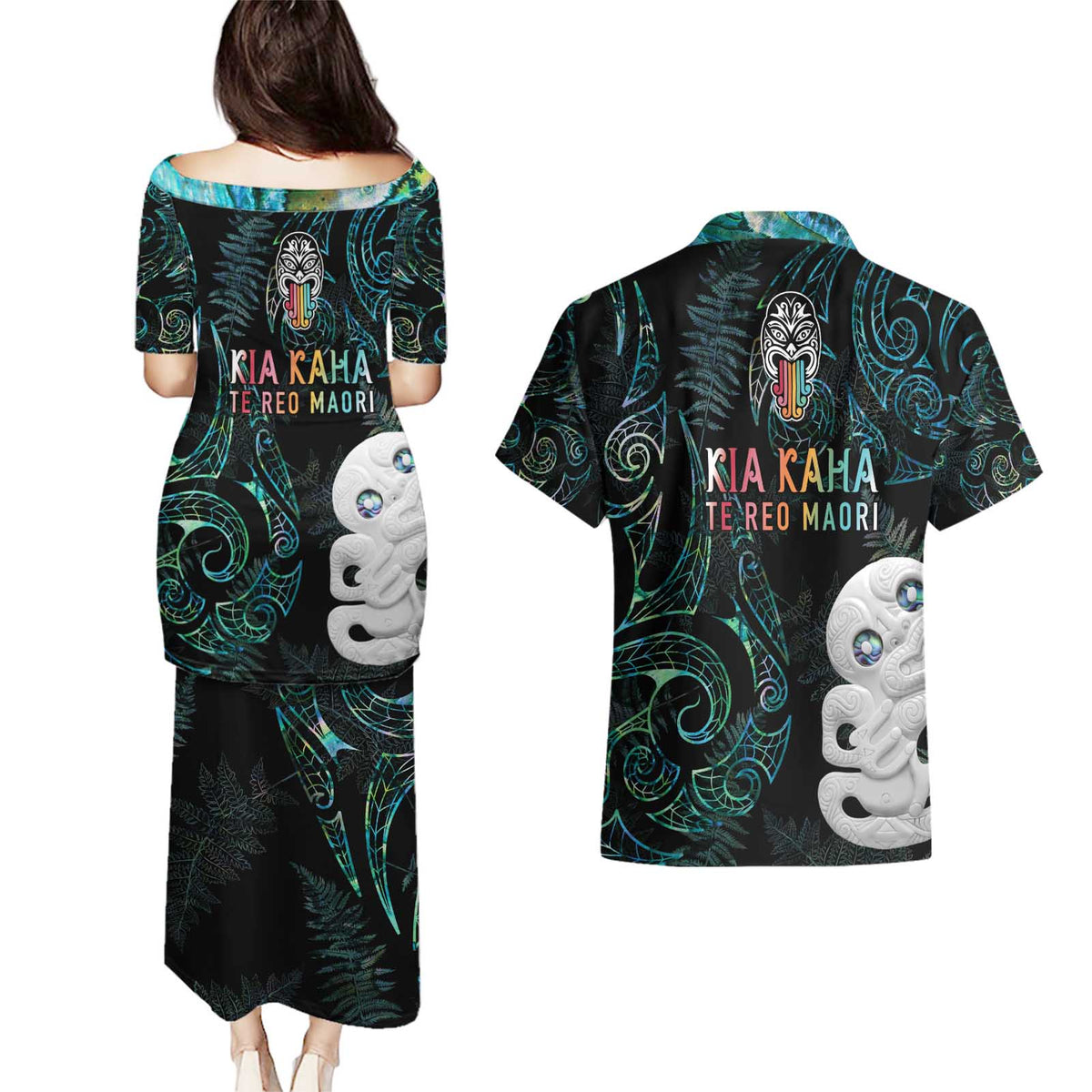 Kia Hara Te reo Maori Couples Matching Puletasi and Hawaiian Shirt Manaia Moko Mix Paua Shell