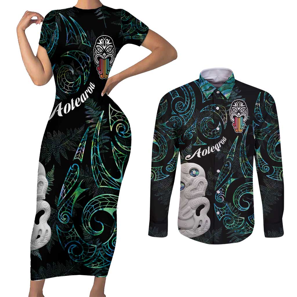 Kia Hara Te reo Maori Couples Matching Short Sleeve Bodycon Dress and Long Sleeve Button Shirt Manaia Moko Mix Paua Shell