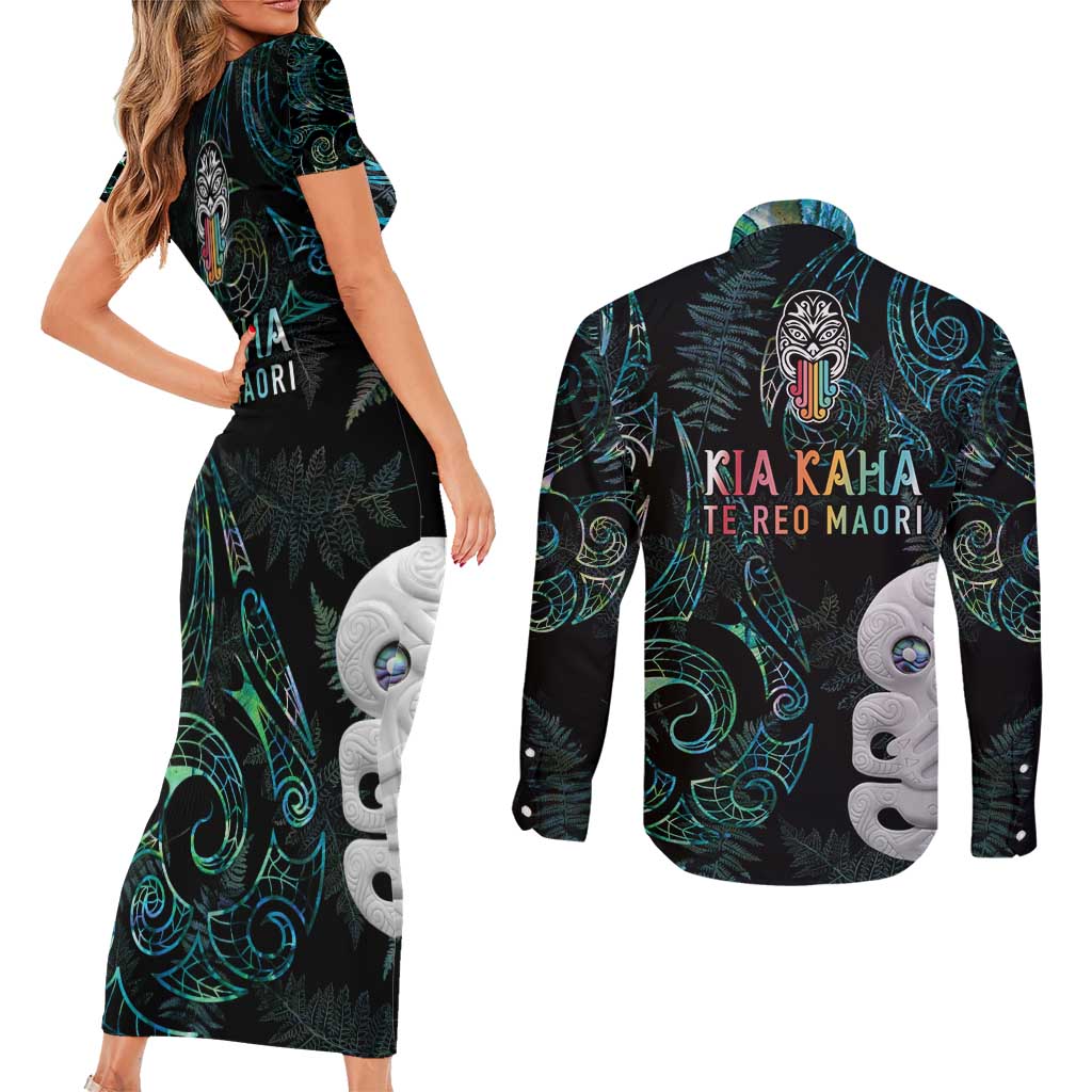 Kia Hara Te reo Maori Couples Matching Short Sleeve Bodycon Dress and Long Sleeve Button Shirt Manaia Moko Mix Paua Shell