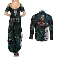 Kia Hara Te reo Maori Couples Matching Summer Maxi Dress and Long Sleeve Button Shirt Manaia Moko Mix Paua Shell