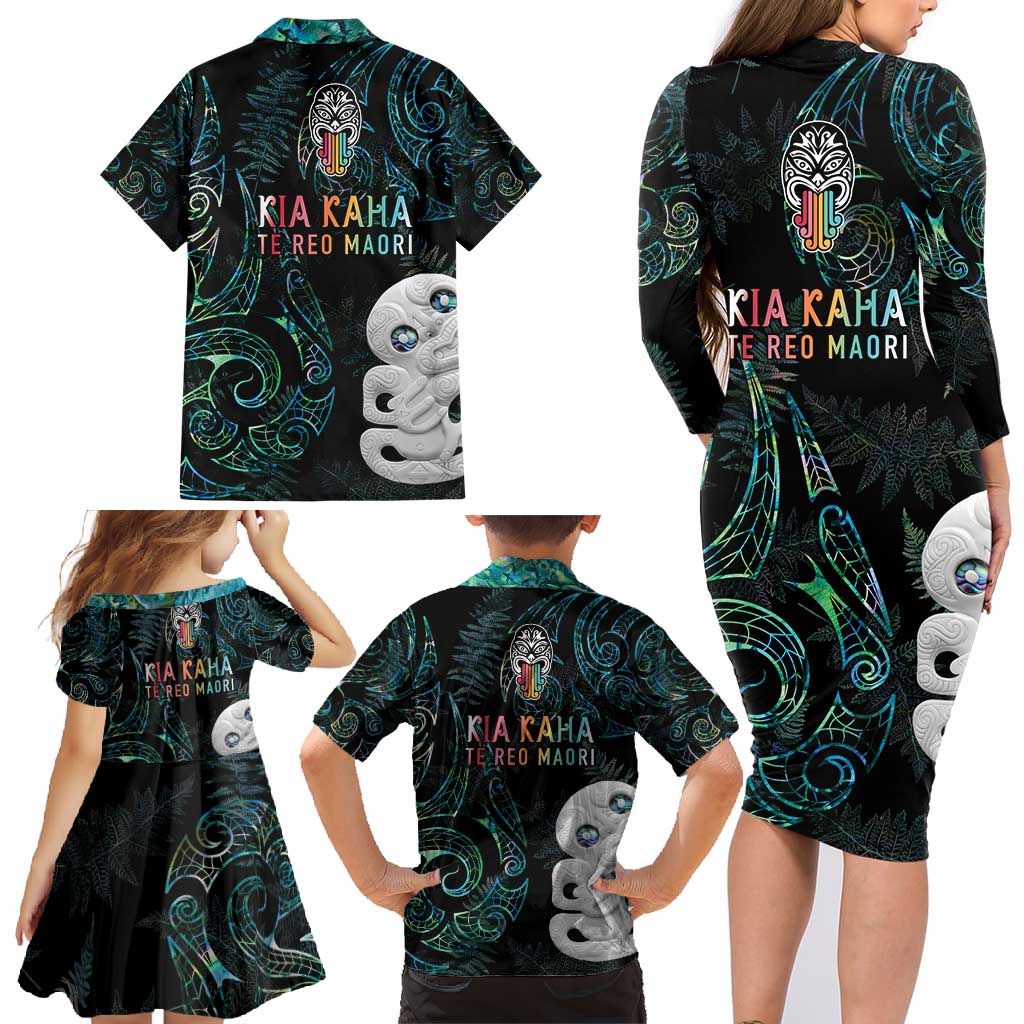 Kia Hara Te reo Maori Family Matching Long Sleeve Bodycon Dress and Hawaiian Shirt Manaia Moko Mix Paua Shell