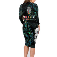 Kia Hara Te reo Maori Family Matching Long Sleeve Bodycon Dress and Hawaiian Shirt Manaia Moko Mix Paua Shell