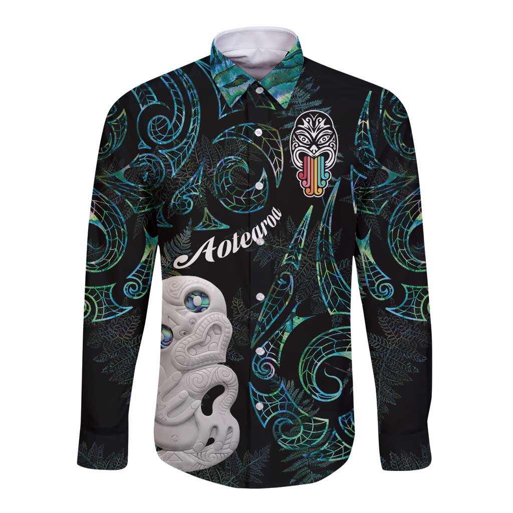 Kia Hara Te reo Maori Long Sleeve Button Shirt Manaia Moko Mix Paua Shell LT7 Unisex Green - Polynesian Pride