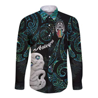 Kia Hara Te reo Maori Long Sleeve Button Shirt Manaia Moko Mix Paua Shell LT7 Unisex Green - Polynesian Pride
