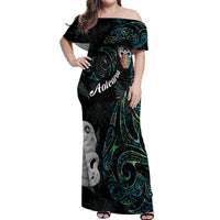 Kia Hara Te reo Maori Off Shoulder Maxi Dress Manaia Moko Mix Paua Shell