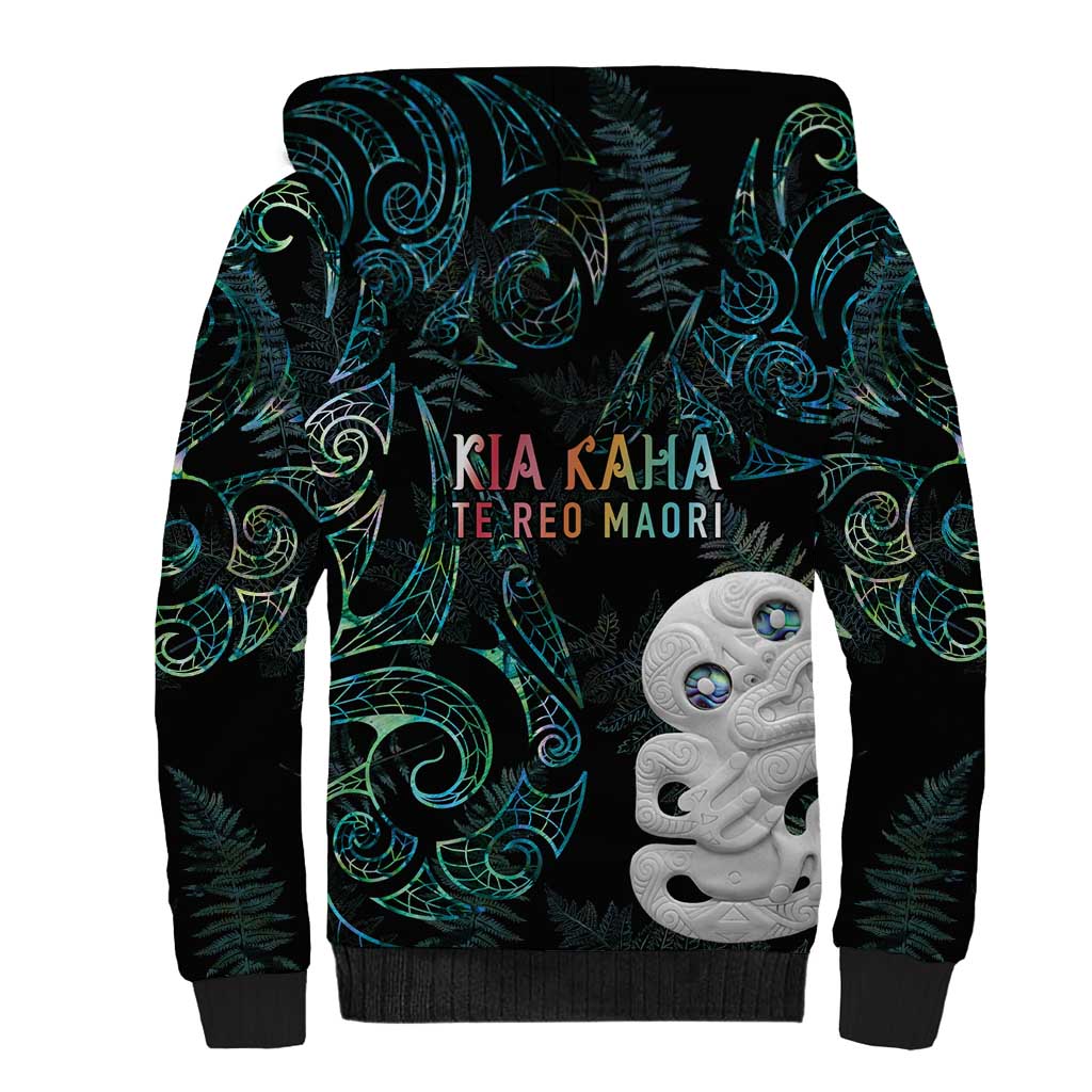 Kia Hara Te reo Maori Sherpa Hoodie Manaia Moko Mix Paua Shell