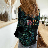 Kia Hara Te reo Maori Women Casual Shirt Manaia Moko Mix Paua Shell