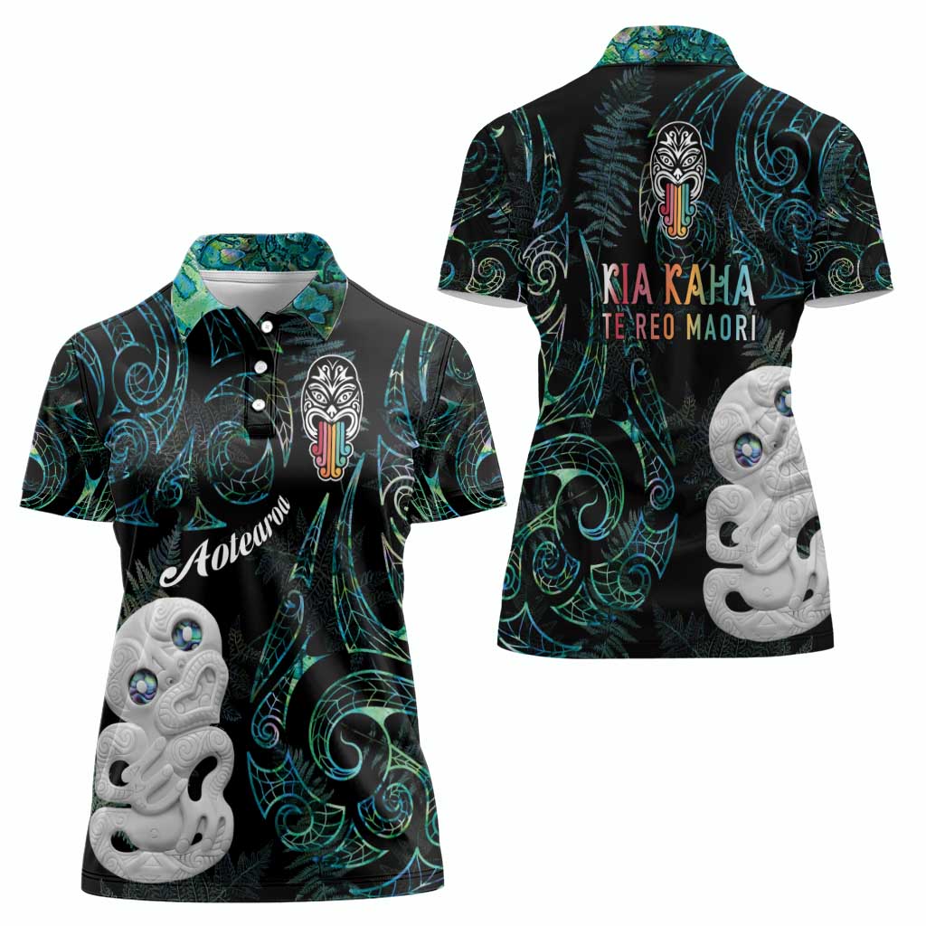 Kia Hara Te reo Maori Women Polo Shirt Manaia Moko Mix Paua Shell