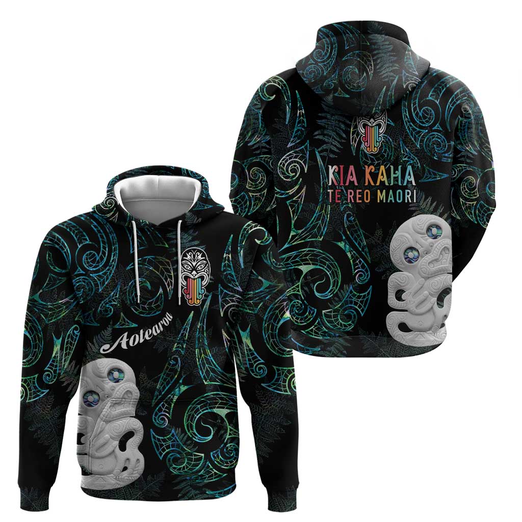 Kia Hara Te reo Maori Zip Hoodie Manaia Moko Mix Paua Shell