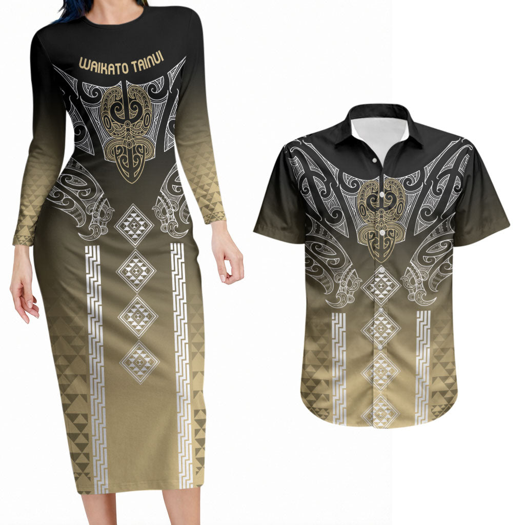 Aotearoa Maori Iwi Heritage Couples Matching Long Sleeve Bodycon Dress and Hawaiian Shirt Waikato Tainui Parauri LT7 Earth Gold - Polynesian Pride