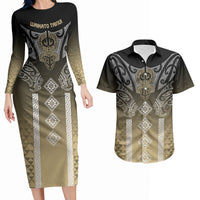 Aotearoa Maori Iwi Heritage Couples Matching Long Sleeve Bodycon Dress and Hawaiian Shirt Waikato Tainui Parauri LT7 Earth Gold - Polynesian Pride