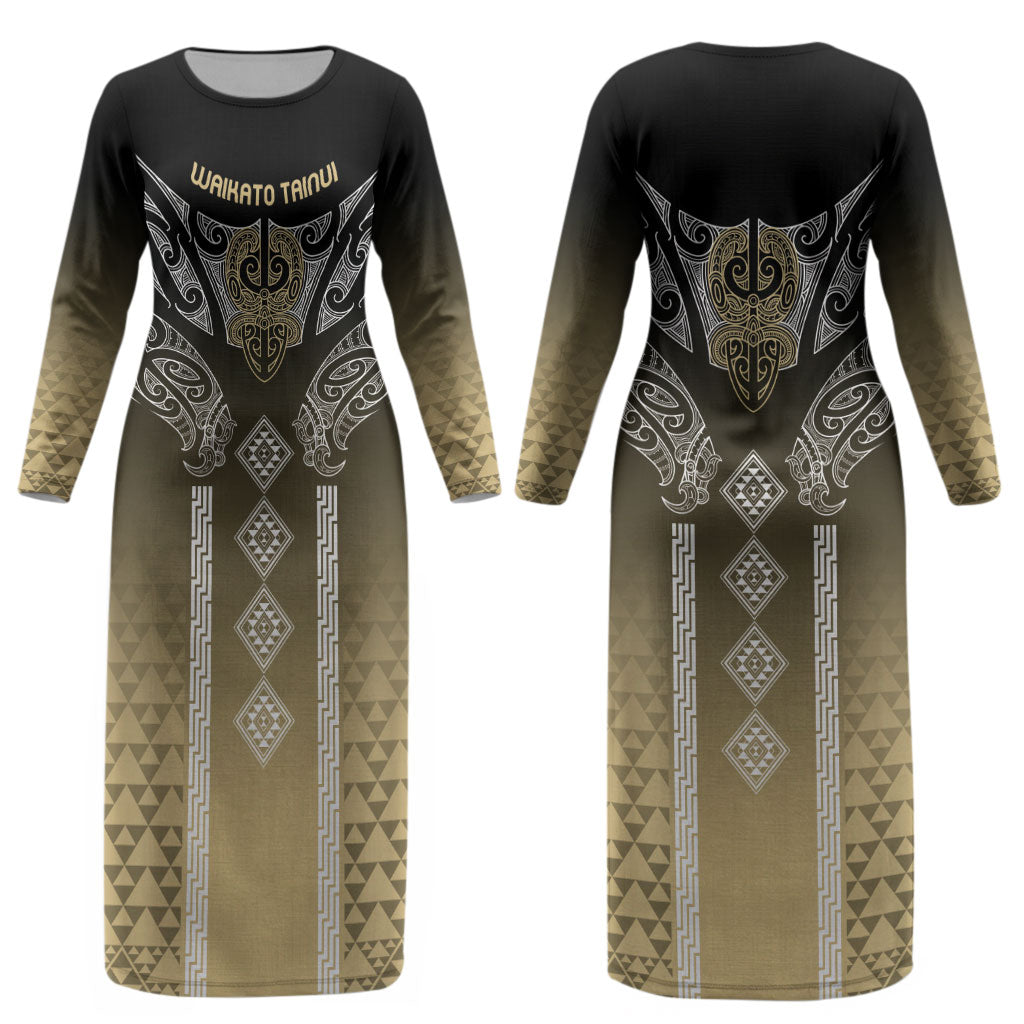 Aotearoa Maori Iwi Heritage Couples Matching Long Sleeve Bodycon Dress and Hawaiian Shirt Waikato Tainui Parauri LT7 - Polynesian Pride