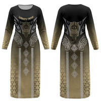 Aotearoa Maori Iwi Heritage Couples Matching Long Sleeve Bodycon Dress and Hawaiian Shirt Waikato Tainui Parauri LT7 - Polynesian Pride